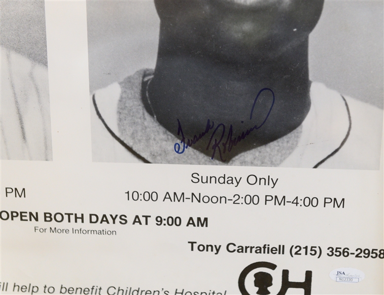 36x29 Jim Brown Signed & Framed Print & Yogi Berra/ Frank Robinson Dual Signed Show Poster (16x20) - Comes w. JSA Auction Letter of Authenticity