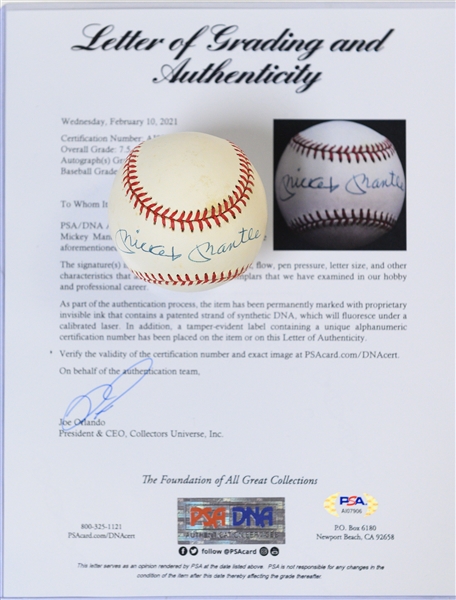 Mickey Mantle Single Signed OAL Rawlings Baseball PSA/DNA Grade 7.5 (Auto Grade 8, Baseball Grade 7)