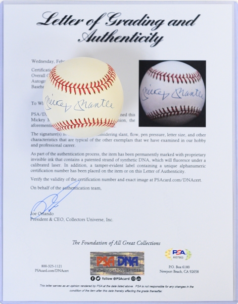 Mickey Mantle Single Signed OAL Rawlings Baseball PSA/DNA Grade 8.5 (Auto Grade 8, Baseball Grade 9)