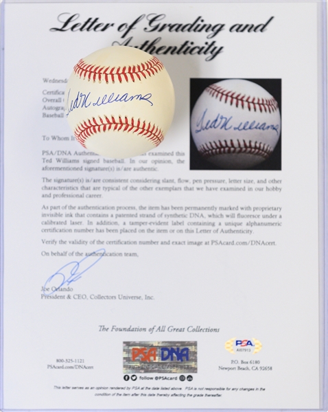 Ted Williams Single Signed OAL Rawlings Baseball PSA/DNA Grade 8 (Auto Grade 9, Baseball Grade 7)