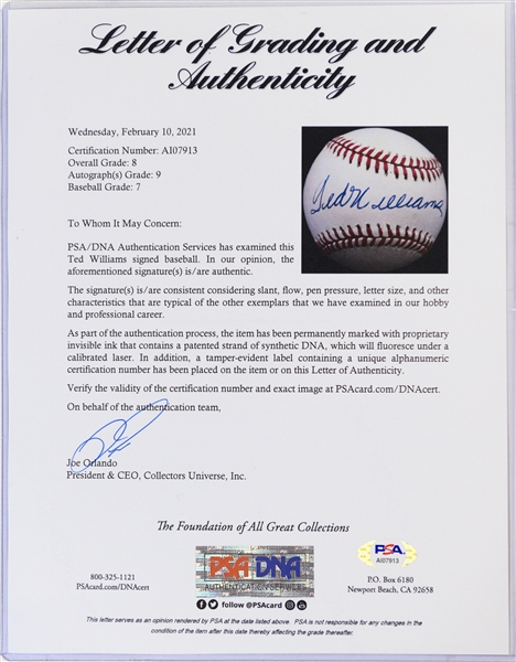 Ted Williams Single Signed OAL Rawlings Baseball PSA/DNA Grade 8 (Auto Grade 9, Baseball Grade 7)
