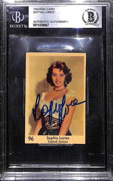 Rare 1957 Sophia Loren Signed Trading Card (Beckett BGS) - Autographed 1957 Vintage Dutch Big Numbers Set Gum Card #96