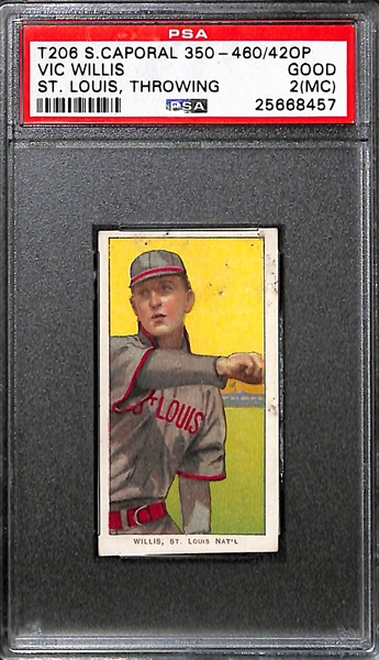Overprint Back 1909-11 T206 Vic Willis (HOF, St. Louis Cardinals, Throwing) Sweet Caporal 350-460 Graded PSA 2(MC)
