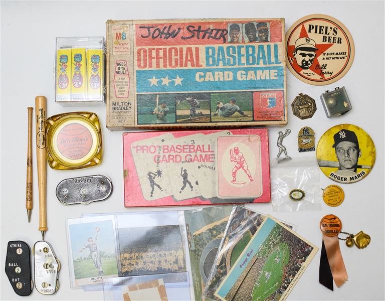 Miscellaneous Vintage Baseball Trinket Lot w/ Yankee Pins, Card Games, Cy Perkins Autograph (JSA Auction Letter)