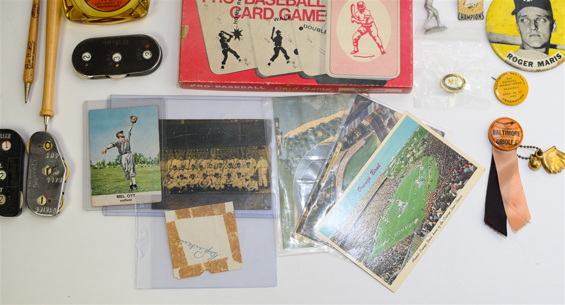 Miscellaneous Vintage Baseball Trinket Lot w/ Yankee Pins, Card Games, Cy Perkins Autograph (JSA Auction Letter)