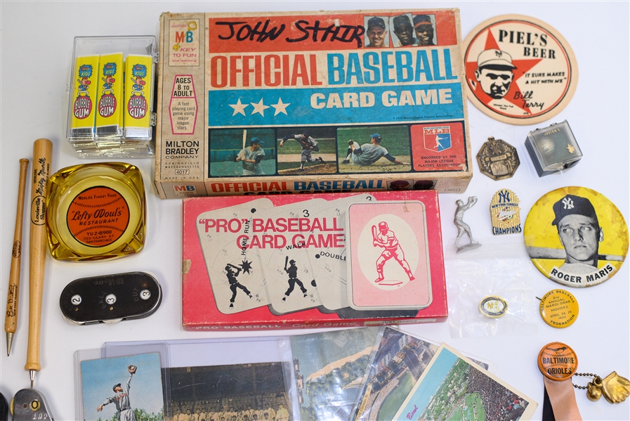 Miscellaneous Vintage Baseball Trinket Lot w/ Yankee Pins, Card Games, Cy Perkins Autograph (JSA Auction Letter)