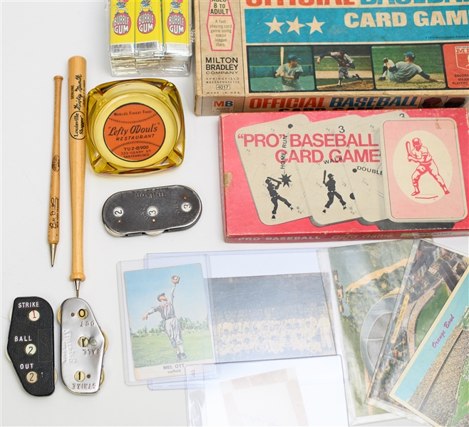 Miscellaneous Vintage Baseball Trinket Lot w/ Yankee Pins, Card Games, Cy Perkins Autograph (JSA Auction Letter)