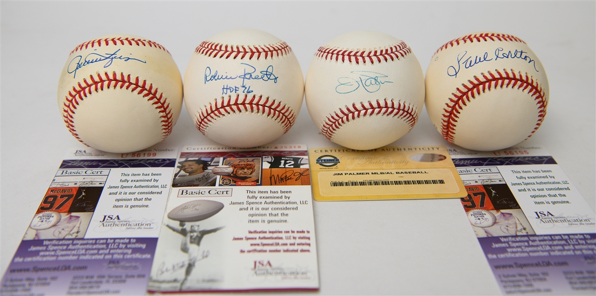 Lot of (4) Autographed HOFer Baseballs w/ Steve Carlton, Jim Palmer, Rollie Fingers and Robin Roberts (JSA and Steiner Authenticated)