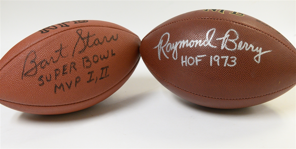 Lot of (2) Autographed Footballs - Bart Starr and Raymond Berry - Both w. Inscriptions (JSA Auction Letter)