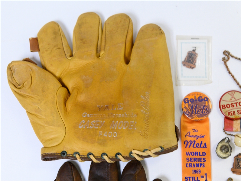 Vintage Baseball Lot w. (2) Gloves (D&M and Yale), Pins, and Trinkets