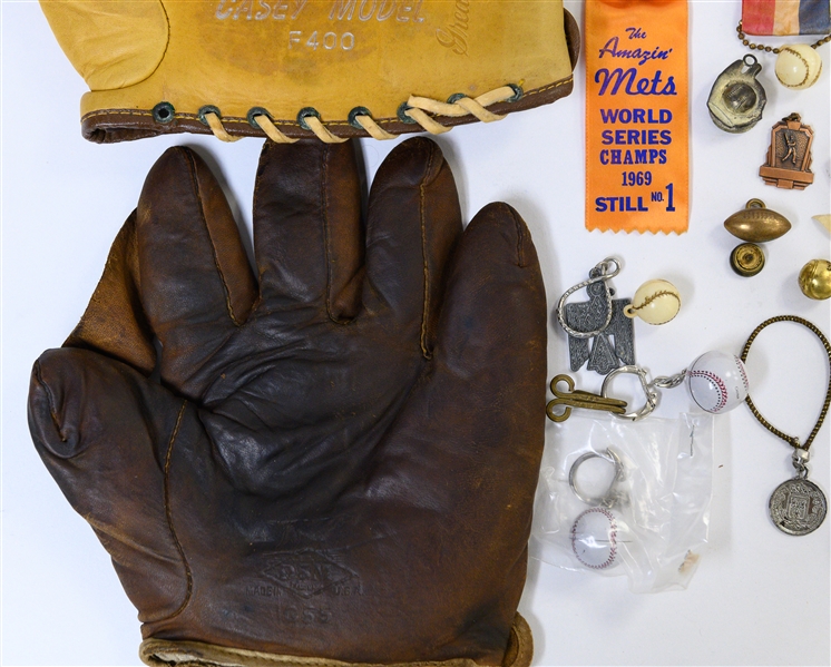 Vintage Baseball Lot w. (2) Gloves (D&M and Yale), Pins, and Trinkets
