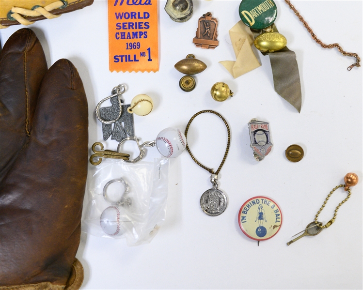 Vintage Baseball Lot w. (2) Gloves (D&M and Yale), Pins, and Trinkets