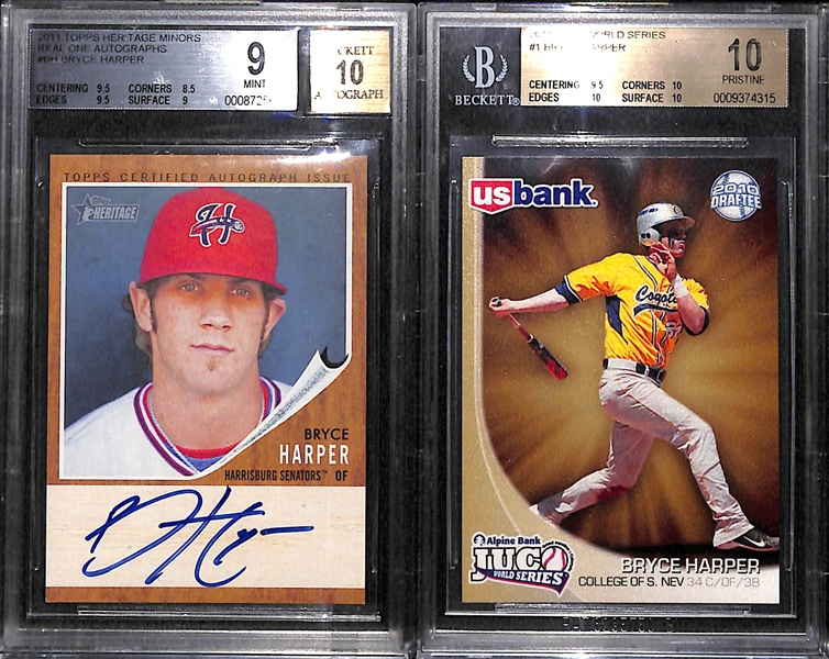 2011 Bryce Harper Graded Rookie Lot of (2) w. Topps Heritage Minors Real One Autographs BGS 9/10