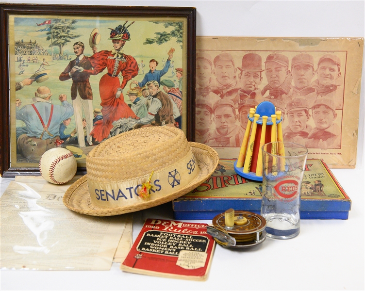 Lot of Vintage Baseball Memorabilia w. Ted Williams Fly Fishing Reel, 1951 Yankees Ball, Yogi Berra Sculpture, and more