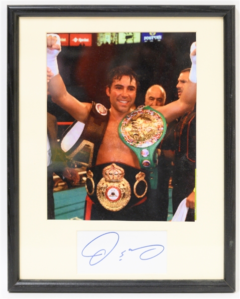  Autograph Lot w. Randy Macho Man Savage, Oscar de la Hoya Framed Cut, Bill Shoemaker Framed Cut, & The Outsiders (Wrestling) Signed Photo - JSA Auction Letter