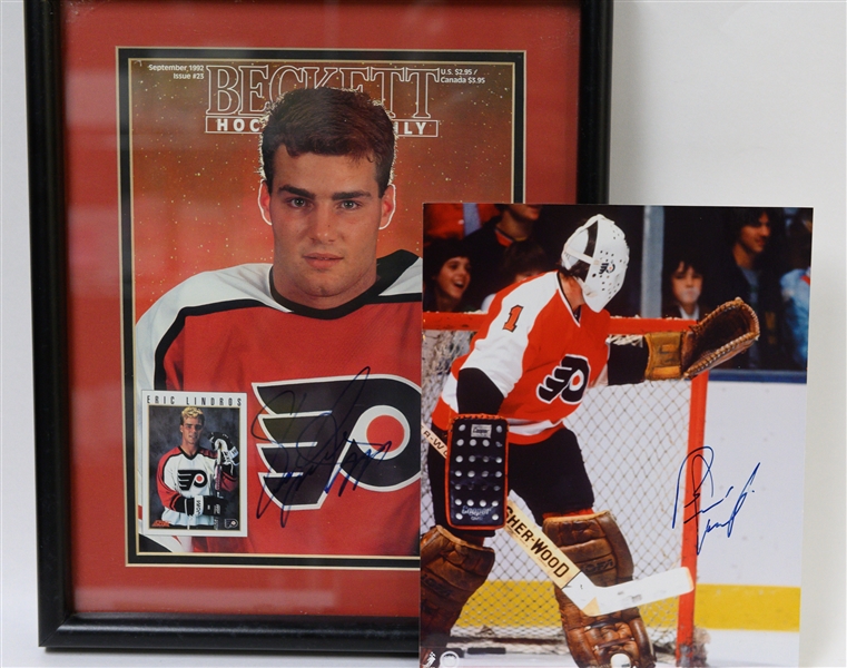 Hockey Autograph Lot (Bobby Hull Signed Mini Hockey Stick, B. Parent Signed Puck and Photo, E. Lindros Signed Puck & Magazine) - JSA Auction Letter