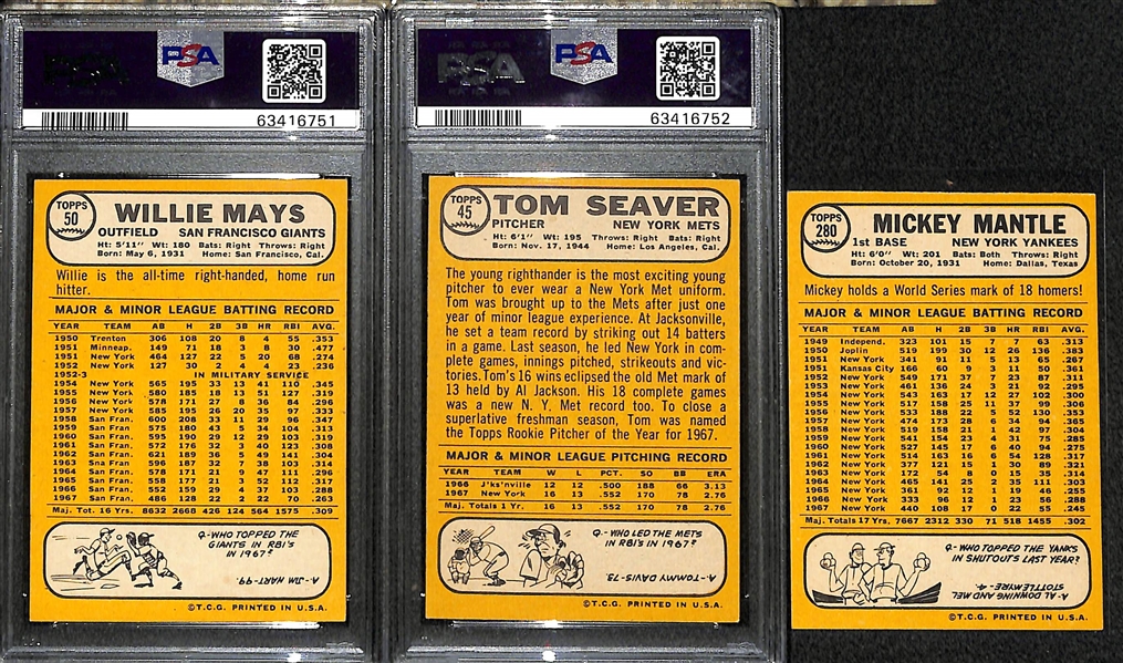 1968 Topps Lot - Willie Mays PSA 7, Tom Seaver PSA 6.5, Mickey Mantle (Undersized)