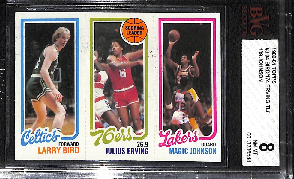 Pack Fresh! 1980-81 Topps Larry Bird & Magic Johnson Dual Rookie Card w. Julius Erving Graded BVG 8 NM-MT 