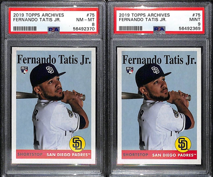 Baseball Card Lot - 1997 E-X 2000 Jeter (PSA 8), (2) 2019 Archives F. Tatis (PSA 9 & 8), 1992 Bowman Chipper Jones Rookie PSA 9  