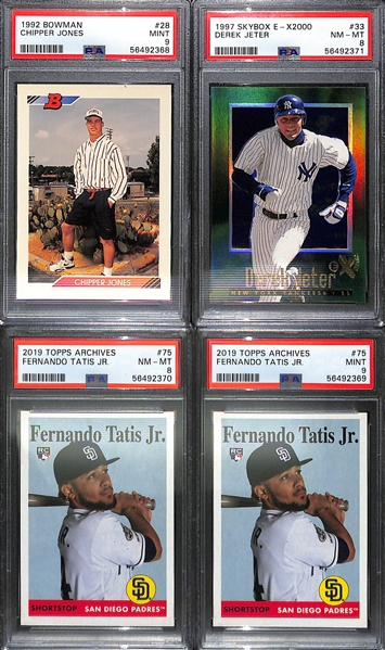Baseball Card Lot - 1997 E-X 2000 Jeter (PSA 8), (2) 2019 Archives F. Tatis (PSA 9 & 8), 1992 Bowman Chipper Jones Rookie PSA 9  