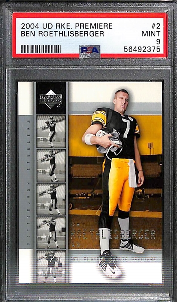 Football Rookie Card Lot - 1989 Score Barry Sanders PSA 9, 2004 UD Premiere Ben Roethlisberger PSA 9, 2020 Justin Herbert Absolute PSA 9