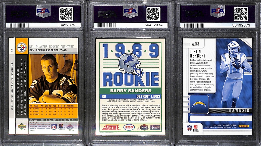 Football Rookie Card Lot - 1989 Score Barry Sanders PSA 9, 2004 UD Premiere Ben Roethlisberger PSA 9, 2020 Justin Herbert Absolute PSA 9