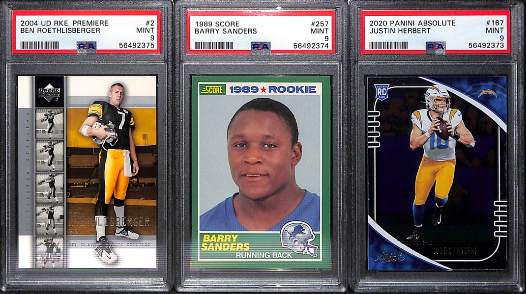 Football Rookie Card Lot - 1989 Score Barry Sanders PSA 9, 2004 UD Premiere Ben Roethlisberger PSA 9, 2020 Justin Herbert Absolute PSA 9