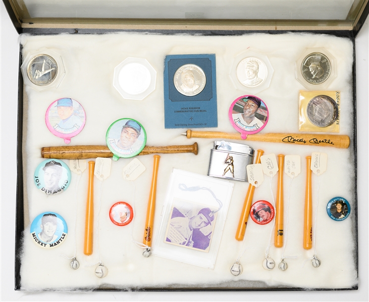 Baseball Lot of Pins, Silver Coins, and Mini Bats w. Jackie Robinson Silver Coin