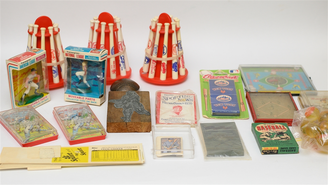 Lot of Assorted Vintage Baseball Memorabilia w/ Super Balls, Hand Held Games, and Transograms 