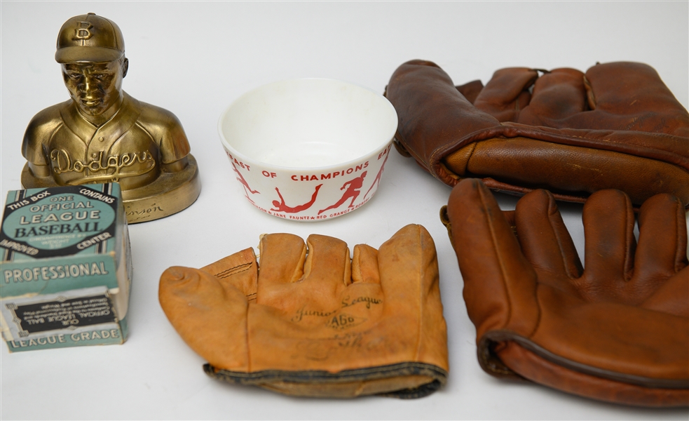Lot of Baseball Memorabilia w. Vintage Gloves, Cereal Bowl, & Jackie Robinson Bank Bust