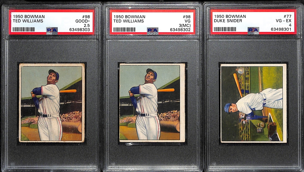 (3) 1950 Bowman Graded Cards - Ted Williams PSA 2, Ted Williams PSA 3(MC), Duke Snider PSA 4 