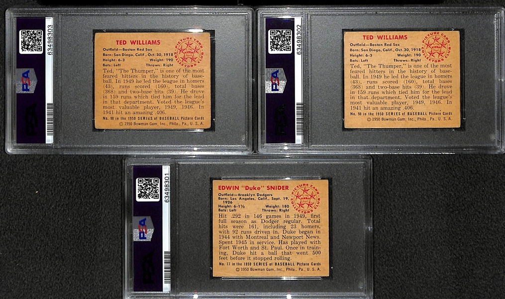 (3) 1950 Bowman Graded Cards - Ted Williams PSA 2, Ted Williams PSA 3(MC), Duke Snider PSA 4 