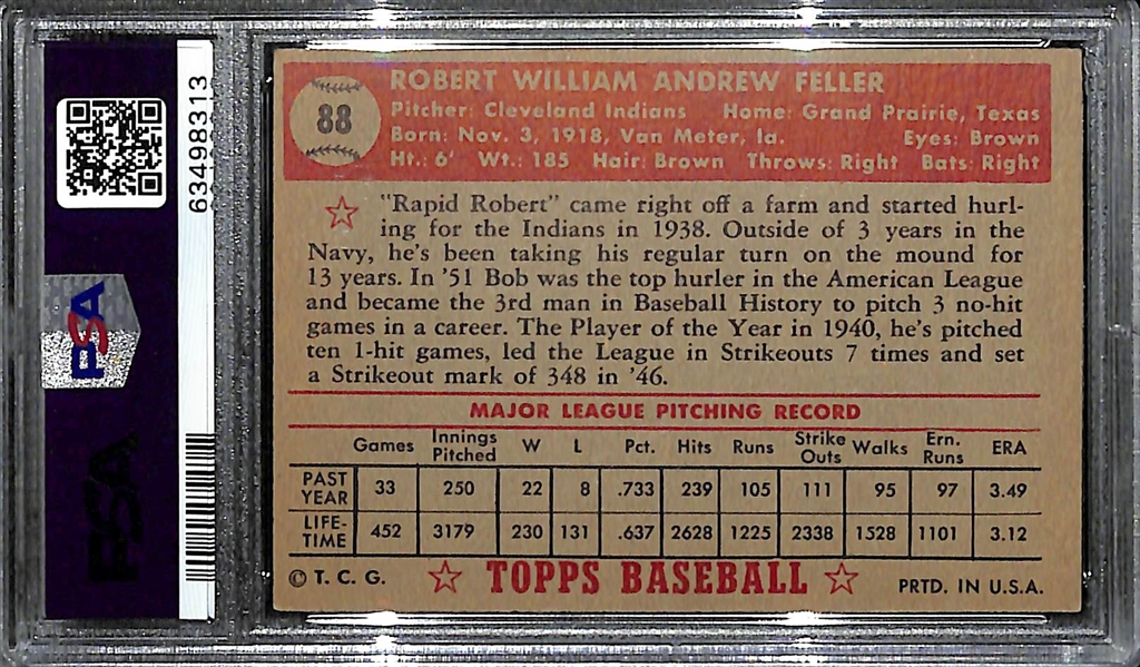 1952 Topps Bob Feller #88 Graded PSA 7 NM