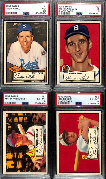 (4) 1952 Topps Graded Cards - Pafko #1 (PSA 3.5), Spahn (PSA 5), Schoendienst (PSA 6), Sievers (PSA 6)