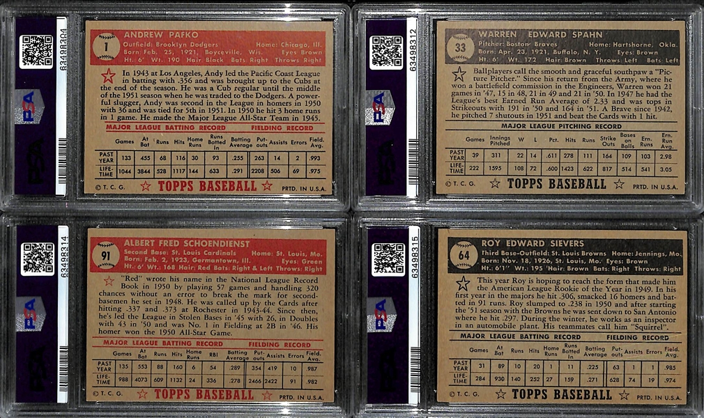 (4) 1952 Topps Graded Cards - Pafko #1 (PSA 3.5), Spahn (PSA 5), Schoendienst (PSA 6), Sievers (PSA 6)