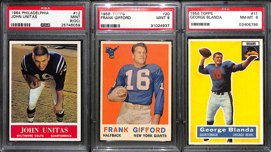 Lot of (3) PSA High Grade 1950s & 60s Football Cards w/ Unitas, Gifford and Blanda