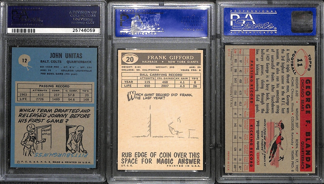 Lot of (3) PSA High Grade 1950s & 60s Football Cards w/ Unitas, Gifford and Blanda