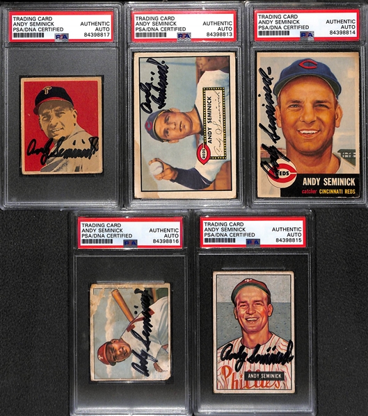 Lot of (5) Signed Andy Seminick Cards w. 1949 Bowman Rookie, 1952 Topps, 1953 Topps, 1950 Bowman, 1951 Bowman