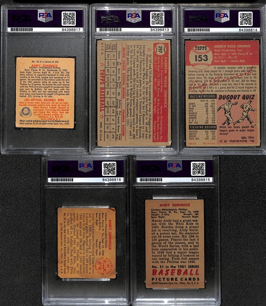 Lot of (5) Signed Andy Seminick Cards w. 1949 Bowman Rookie, 1952 Topps, 1953 Topps, 1950 Bowman, 1951 Bowman