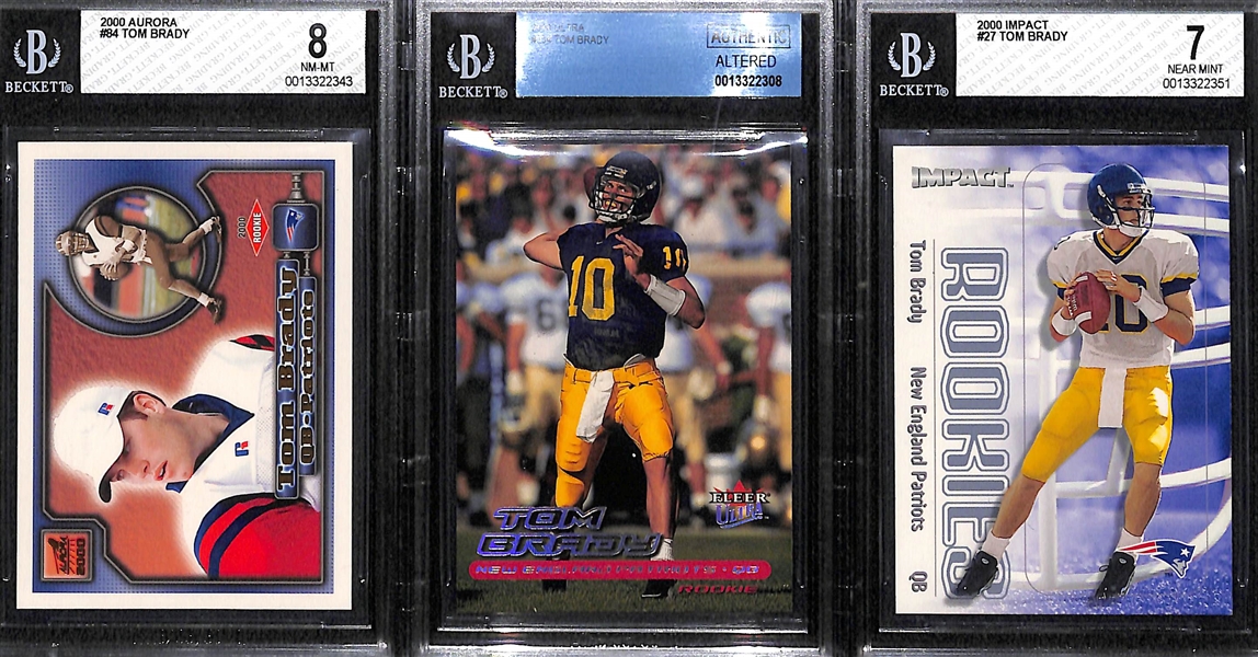 (3) 2000 Tom Brady Rookies - Ultra #234 BGS Authentic, Skybox Impact BGS 7, Aurora BGS 8