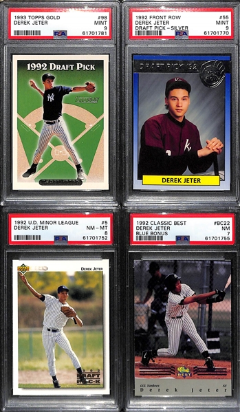 Lot of (4) Derek Jeter Graded Cards w. 1993 Topps Gold Rookie PSA 9, 1992 Front Row PSA 9, 1992 UD Minor League PSA 8 and 1992 Classic Best Blue Bonus PSA 7