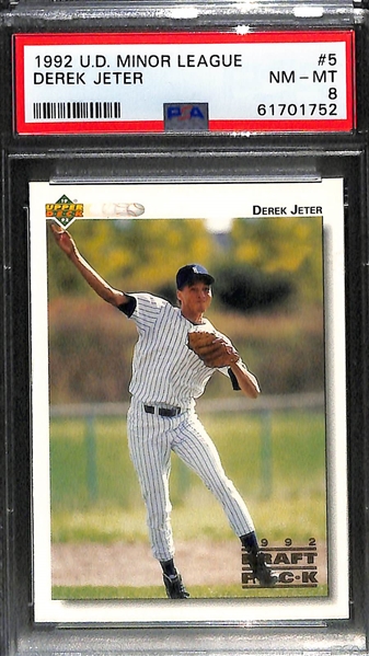 Lot of (4) Derek Jeter Graded Cards w. 1993 Topps Gold Rookie PSA 9, 1992 Front Row PSA 9, 1992 UD Minor League PSA 8 and 1992 Classic Best Blue Bonus PSA 7