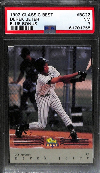 Lot of (4) Derek Jeter Graded Cards w. 1993 Topps Gold Rookie PSA 9, 1992 Front Row PSA 9, 1992 UD Minor League PSA 8 and 1992 Classic Best Blue Bonus PSA 7