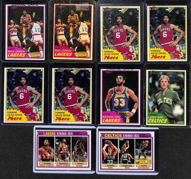 Lot of (10) 1981-82 Topps Basketball Cards w. Bird, Abdul-Jabbar, Erving, M. Johnson