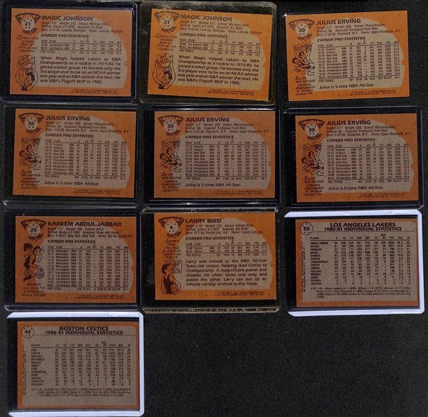 Lot of (10) 1981-82 Topps Basketball Cards w. Bird, Abdul-Jabbar, Erving, M. Johnson