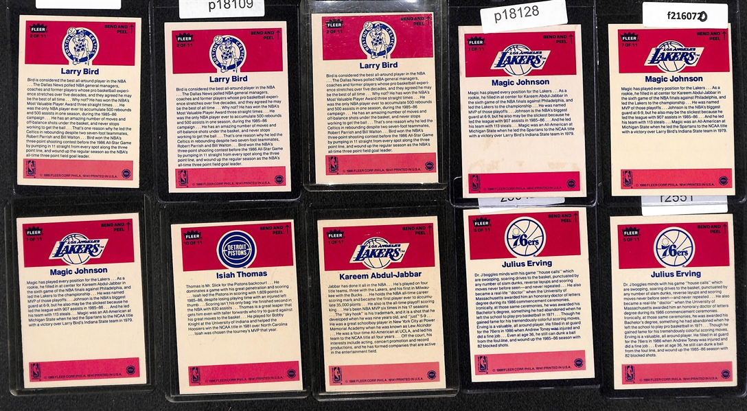 Lot of (20) 1986-87 Fleer Basketball Stickers w. M. Johnson, Bird, Jabbar, Erving, Olajuwon, Ewing, Thomas