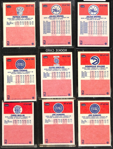 Lot of (9) 1986-87 Fleer Basketball w. Ewing, Erving, Thomas, Drexler, Wilkins, Mullin and Dumars