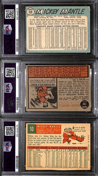 Lot of (3) Graded Mickey Mantle Cards - 1959 Topps #10 (Authentic), 1962 Topps #200 (PSA 3),  1965 Topps #350 (PSA 2)