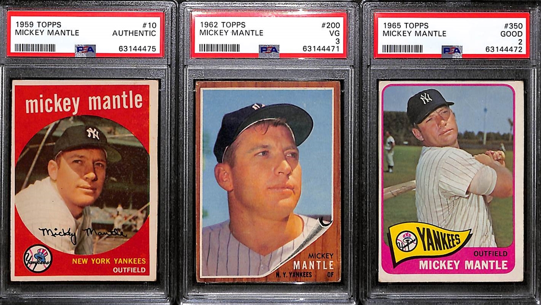 Lot of (3) Graded Mickey Mantle Cards - 1959 Topps #10 (Authentic), 1962 Topps #200 (PSA 3),  1965 Topps #350 (PSA 2)