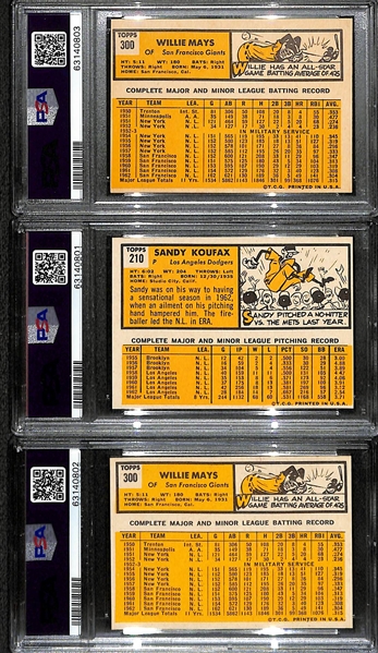 Lot of (3) Graded 1963 Topps Cards - Mays #300 (PSA 4), Koufax #210 (Authentic Altered), Mays #300 (Authentic Altered)